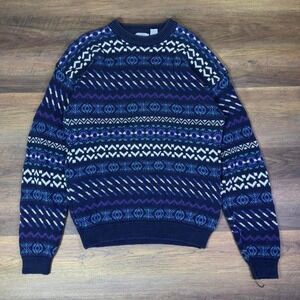Free Fall Patterned Knit Sweater Men's Medium Navy Blue Fair Isle Crewneck